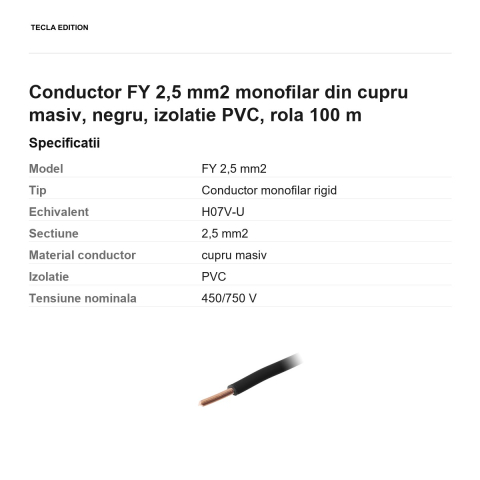 Rola 100m cablu conductor FY 2,5 mm2 monofilar din cupru masiv, negru, izolatie PVC [2]