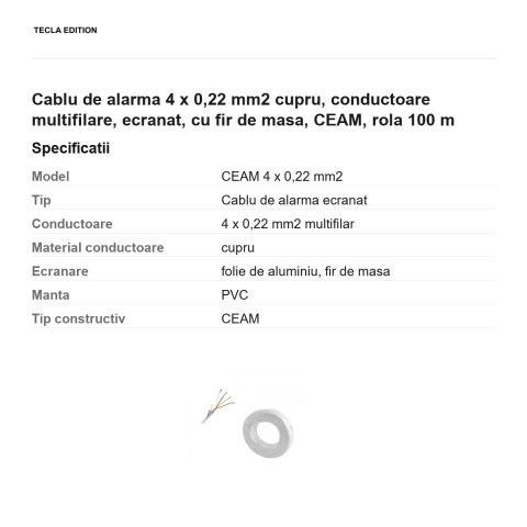 Rola 100m cablu de alarma 4 x 0,22 mm2 cupru, conductoare multifilare, ecranat, cu fir de masa, CEAM [2]
