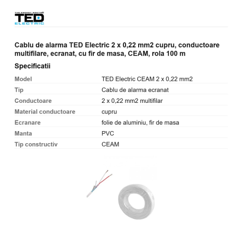 Rola 100m cablu de alarma TED Electric 2 x 0,22 mm2 cupru, conductoare multifilare, ecranat, cu fir de masa, CEAM [2]