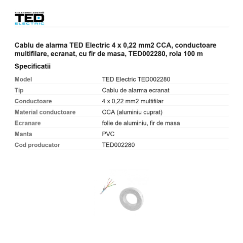 Rola 100m cablu de alarma TED Electric 4 x 0,22 mm2 CCA, conductoare multifilare, ecranat, cu fir de masa, TED002280 [2]