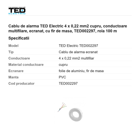 Rola 100m cablu de alarma TED Electric 4 x 0,22 mm2 cupru, conductoare multifilare, ecranat, cu fir de masa, TED002297 [2]