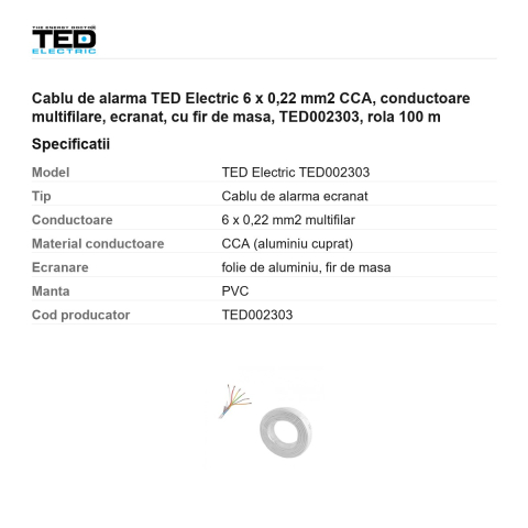 Rola 100m cablu de alarma TED Electric 6 x 0,22 mm2 CCA, conductoare multifilare, ecranat, cu fir de masa, TED002303 [2]