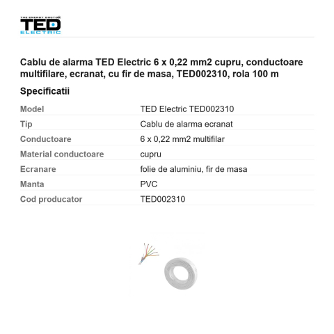 Rola 100m cablu de alarma TED Electric 6 x 0,22 mm2 cupru, conductoare multifilare, ecranat, cu fir de masa, TED002310 [2]