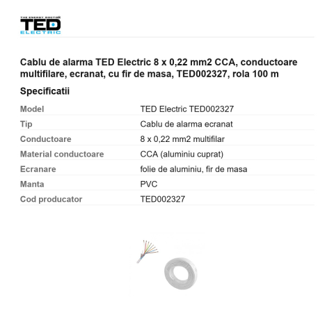 Rola 100m cablu de alarma TED Electric 8 x 0,22 mm2 CCA, conductoare multifilare, ecranat, cu fir de masa, TED002327 [2]