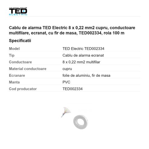 Rola 100m cablu de alarma TED Electric 8 x 0,22 mm2 cupru, conductoare multifilare, ecranat, cu fir de masa, TED002334 [2]