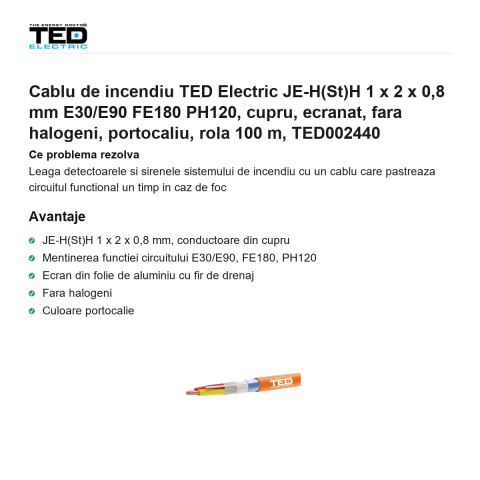 Rola 100m cablu de incendiu TED Electric JE-H(St)H 1 x 2 x 0,8 mm E30/E90 FE180 PH120, cupru, ecranat, fara halogeni, portocaliu, TED002440 [1]