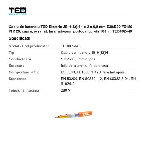 Rola 100m cablu de incendiu TED Electric JE-H(St)H 1 x 2 x 0,8 mm E30/E90 FE180 PH120, cupru, ecranat, fara halogeni, portocaliu, TED002440 [2]