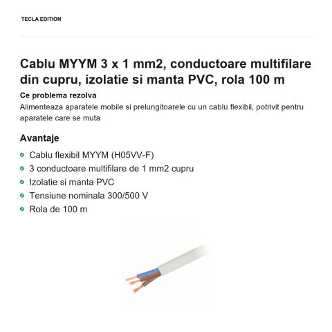 Rola 100m cablu MYYM 3 x 1 mm2, conductoare multifilare din cupru, izolatie si manta PVC [1]