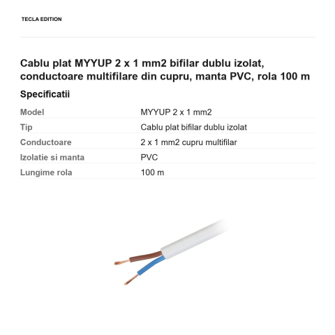 Rola 100m cablu plat MYYUP 2 x 1 mm2 bifilar dublu izolat, conductoare multifilare din cupru, manta PVC [2]