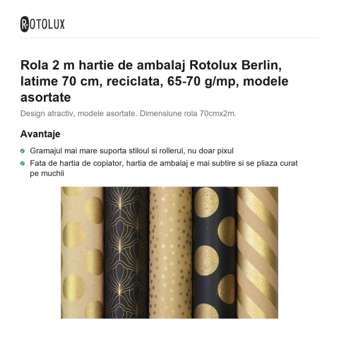 Rola 2 m hartie de ambalaj Rotolux Berlin, latime 70 cm, reciclata, 65-70 g/mp, modele asortate [1]