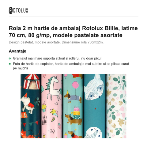 Rola 2 m hartie de ambalaj Rotolux Billie, latime 70 cm, 80 g/mp, modele pastelate asortate [1]