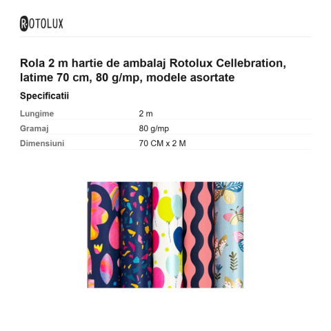 Rola 2 m hartie de ambalaj Rotolux Cellebration, latime 70 cm, 80 g/mp, modele asortate [2]