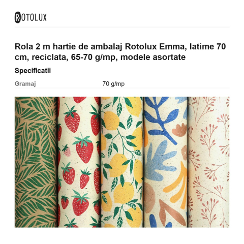Rola 2 m hartie de ambalaj Rotolux Emma, latime 70 cm, reciclata, 65-70 g/mp, modele asortate [2]