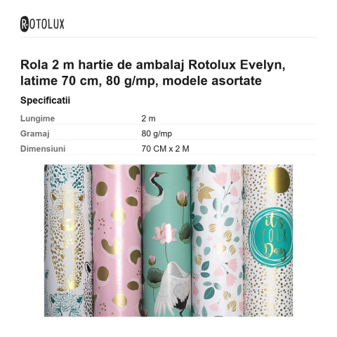 Rola 2 m hartie de ambalaj Rotolux Evelyn, latime 70 cm, 80 g/mp, modele asortate [2]
