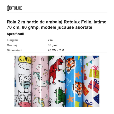 Rola 2 m hartie de ambalaj Rotolux Felix, latime 70 cm, 80 g/mp, modele jucause asortate [2]