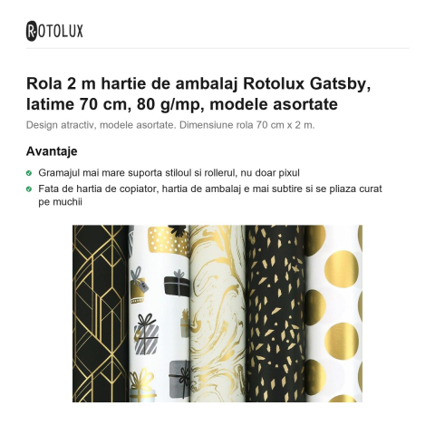 Rola 2 m hartie de ambalaj Rotolux Gatsby, latime 70 cm, 80 g/mp, modele asortate [1]