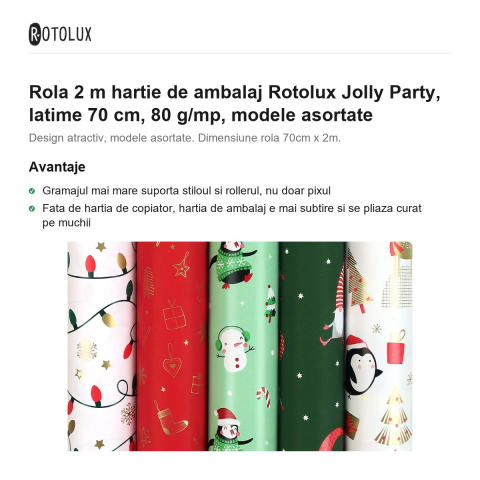 Rola 2 m hartie de ambalaj Rotolux Jolly Party, latime 70 cm, 80 g/mp, modele asortate [1]