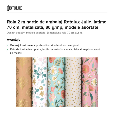 Rola 2 m hartie de ambalaj Rotolux Julie, latime 70 cm, metalizata, 80 g/mp, modele asortate [1]