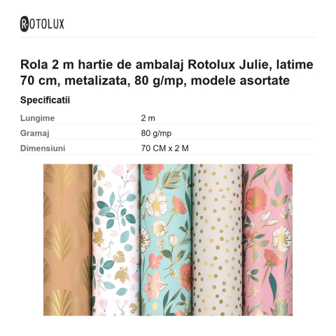 Rola 2 m hartie de ambalaj Rotolux Julie, latime 70 cm, metalizata, 80 g/mp, modele asortate [2]