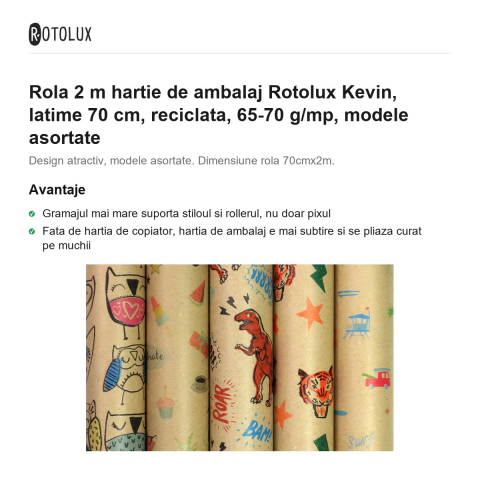 Rola 2 m hartie de ambalaj Rotolux Kevin, latime 70 cm, reciclata, 65-70 g/mp, modele asortate [1]