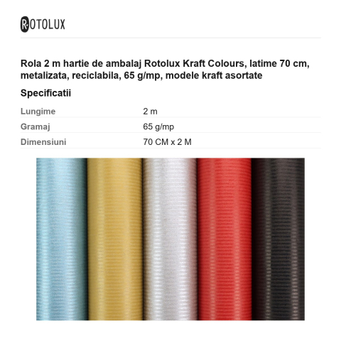 Rola 2 m hartie de ambalaj Rotolux Kraft Colours, latime 70 cm, metalizata, reciclabila, 65 g/mp, modele kraft asortate [2]