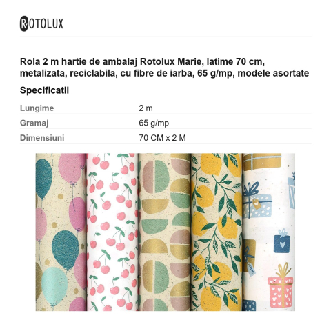 Rola 2 m hartie de ambalaj Rotolux Marie, latime 70 cm, metalizata, reciclabila, cu fibre de iarba, 65 g/mp, modele asortate [2]