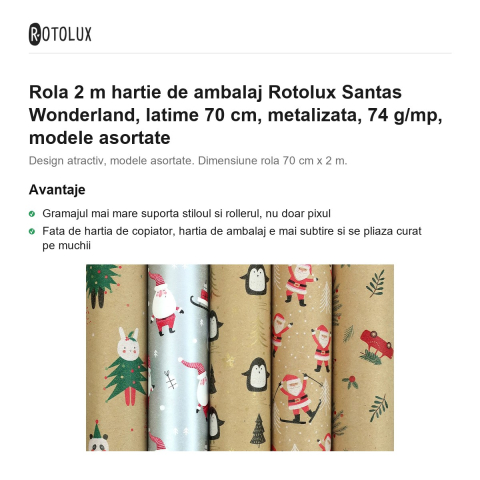 Rola 2 m hartie de ambalaj Rotolux Santas Wonderland, latime 70 cm, metalizata, 74 g/mp, modele asortate [1]