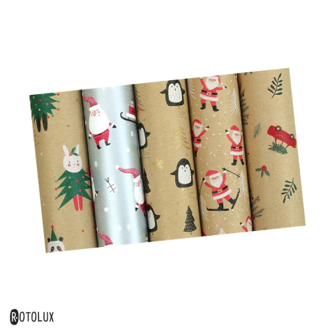 Hartie ambalare - Rola 2 m hartie de ambalaj Rotolux Santas Wonderland, latime 70 cm, metalizata, 74 g/mp, modele asortate