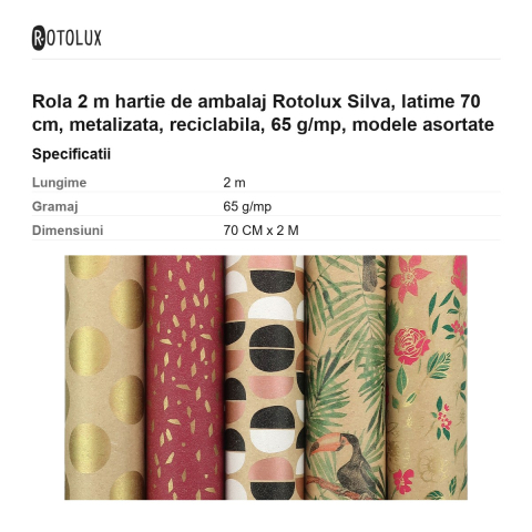 Rola 2 m hartie de ambalaj Rotolux Silva, latime 70 cm, metalizata, reciclabila, 65 g/mp, modele asortate [2]