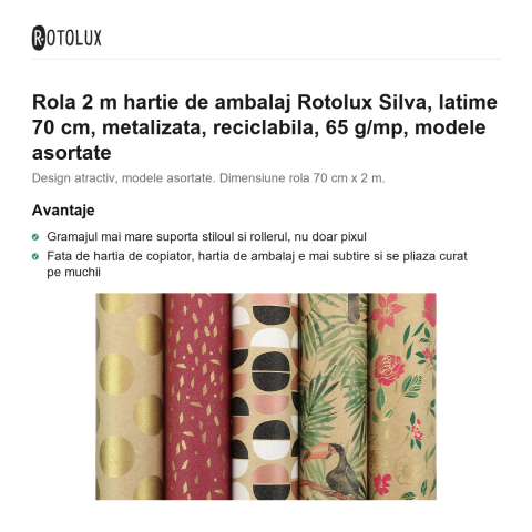 Rola 2 m hartie de ambalaj Rotolux Silva, latime 70 cm, metalizata, reciclabila, 65 g/mp, modele asortate [1]
