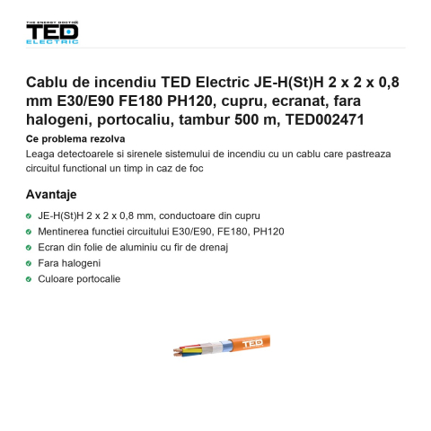 Rola 500m cablu de incendiu TED Electric JE-H(St)H 2 x 2 x 0,8 mm E30/E90 FE180 PH120, cupru, ecranat, fara halogeni, portocaliu, TED002471 [1]