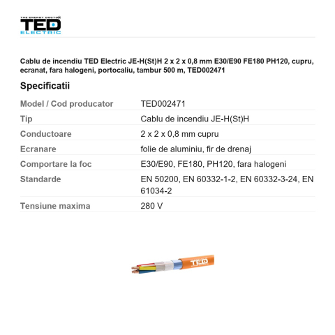 Rola 500m cablu de incendiu TED Electric JE-H(St)H 2 x 2 x 0,8 mm E30/E90 FE180 PH120, cupru, ecranat, fara halogeni, portocaliu, TED002471 [2]