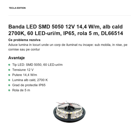 Rola 5m banda LED SMD 5050 12V 14,4 W/m, alb cald 2700K, 60 LED-uri/m, IP65, DL66514 [1]