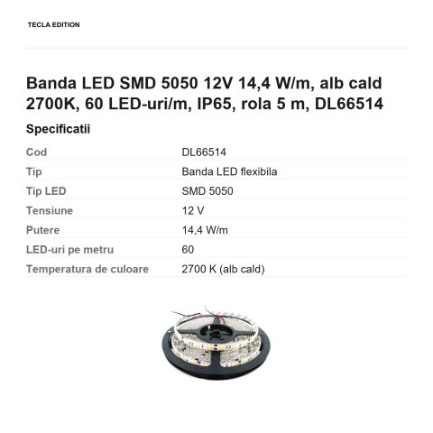 Rola 5m banda LED SMD 5050 12V 14,4 W/m, alb cald 2700K, 60 LED-uri/m, IP65, DL66514 [2]