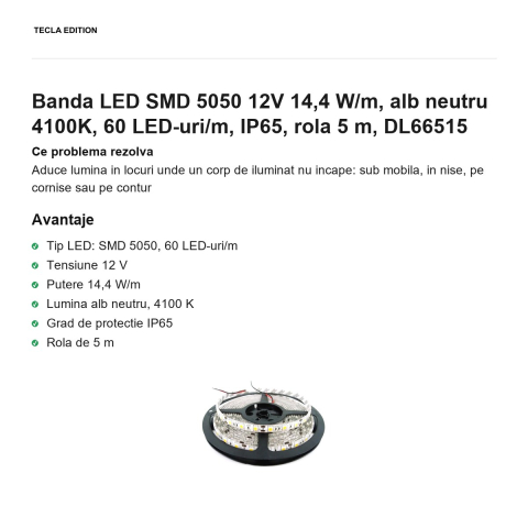 Rola 5m banda LED SMD 5050 12V 14,4 W/m, alb neutru 4100K, 60 LED-uri/m, IP65, DL66515 [1]