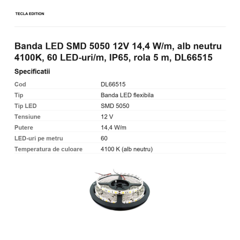 Rola 5m banda LED SMD 5050 12V 14,4 W/m, alb neutru 4100K, 60 LED-uri/m, IP65, DL66515 [2]