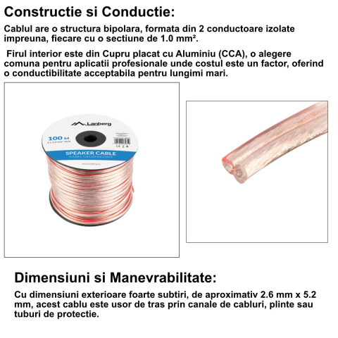 Rola Cablu Audio Boxe 2X1.0MM2 100M Transparent, pentru Transmisie Lunga si Instalatii Fixe, Cupru CCA [3]