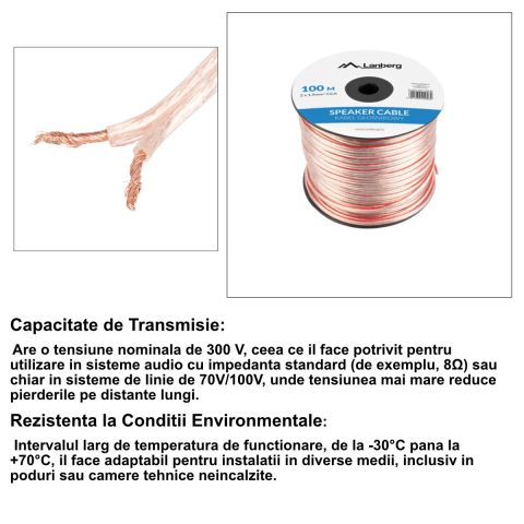 Rola Cablu Audio Boxe Profesional 2X1.5MM2, 100M, Transparent, pentru Instalatii Fixe si Difuzare Sonora, Cupru CCA [4]