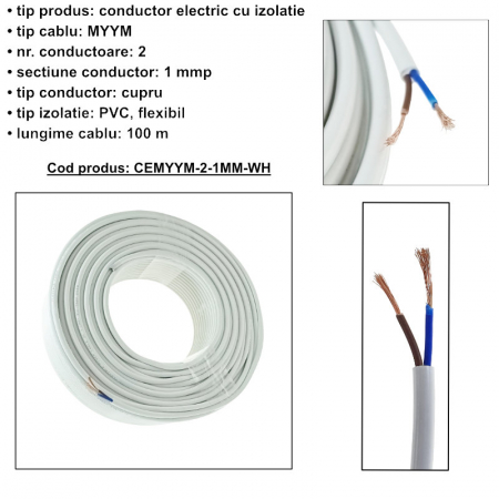 Rola cablu electric MYYM, 2 x 1 mmp, din cupru, 100m, CEMYYM-2-1MM-WH, 2C, 300/500V, alb [5]