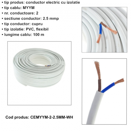 Rola cablu electric MYYM, 2 x 2.5 mmp, din cupru, 100m, CEMYYM-2-2.5MM-WH, 2C, 300/500V, alb [5]