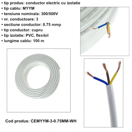 Rola cablu electric MYYM, 3 x 0.75 mmp, din cupru, 100m, CEMYYM-3-0.75MM-WH, 3C, 300/500V, alb [5]