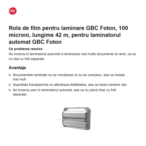 Rola de film pentru laminare GBC Foton, 100 microni, lungime 42 m, pentru laminatorul automat GBC Foton [1]