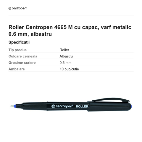 Roller Centropen 4665 M cu capac, varf metalic 0.6 mm, albastru [2]