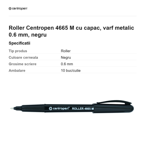 Roller Centropen 4665 M cu capac, varf metalic 0.6 mm, negru [2]