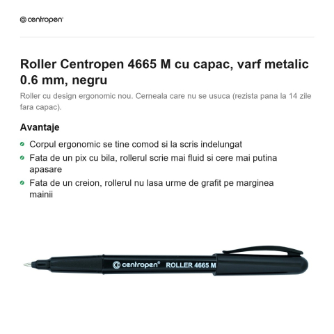 Roller Centropen 4665 M cu capac, varf metalic 0.6 mm, negru [1]