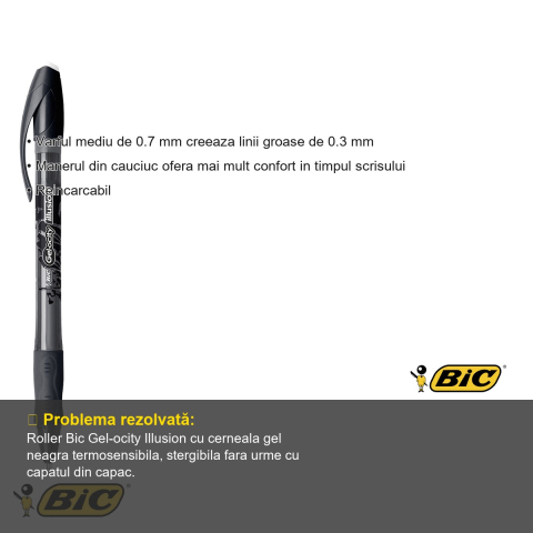 Roller cu gel Bic Gel-ocity Illusion, cerneala termosensibila stergibila, varf 0.7 mm, negru, pentru scris si corectat [2]