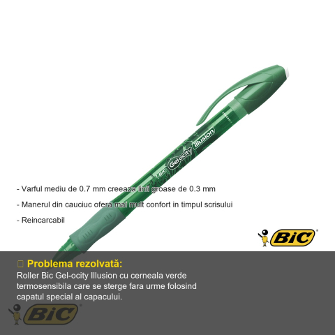 Roller cu gel verde Bic Gel-ocity Illusion, varf 0.7mm, cerneala termosensibila stersa, pentru birou si scoala [1]