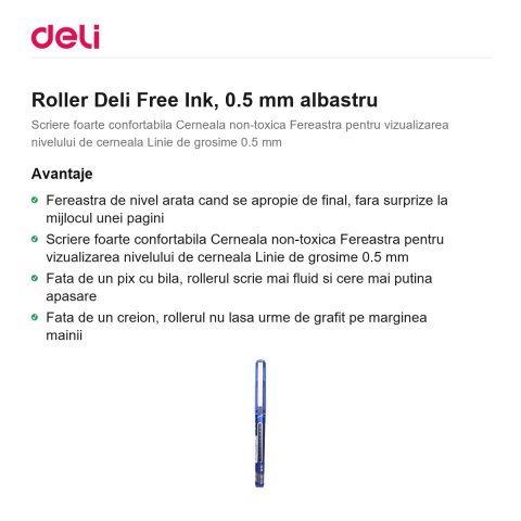 Roller Deli Free Ink, 0.5 mm albastru [1]