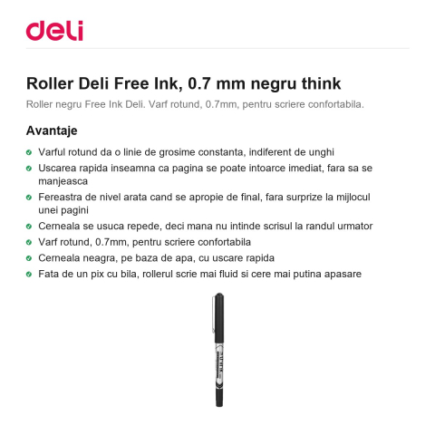 Roller Deli Free Ink, 0.7 mm negru think [1]