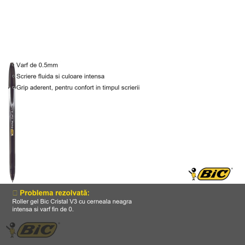 Roller gel negru Bic Cristal V3, varf 0.5mm, scriere fluida si grip aderent [2]